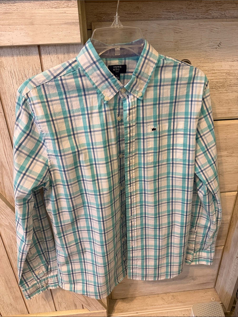 crown & ivy Teal and White Plaid Button-Down Shirt